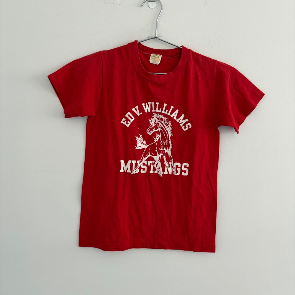 Vintage Velva Sheen Ed V. Williams Mustangs Red Baby Tee Youth L 14-16